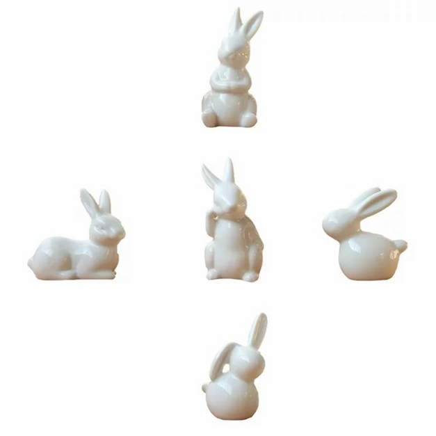 5 pezzi di conigli in ceramica bianca figurine sculture coniglietti conigli decorazioni artigianali